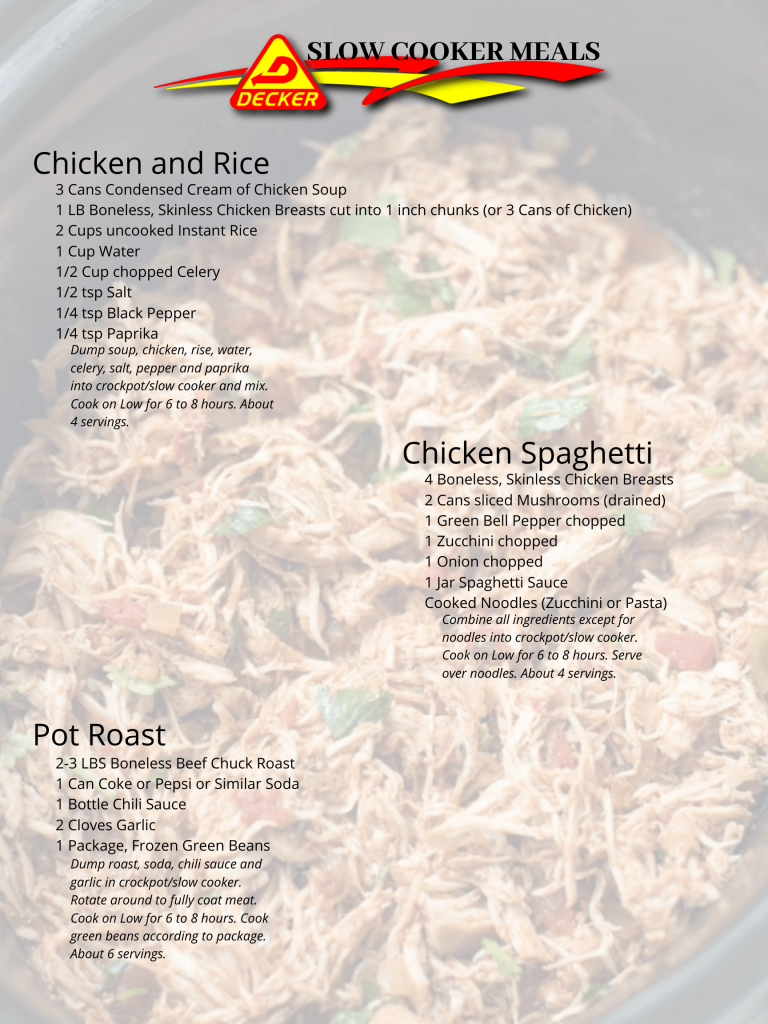 Chicken and Rice, Chicken Spaghetti and Pot Roast Slow cooker recipes